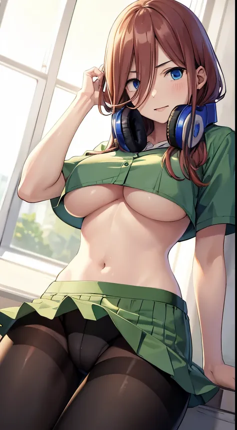 masterpiece, best quality, highres, nm1, headphones around neck, underboob, green skirt, pantyhose, cowboy shot