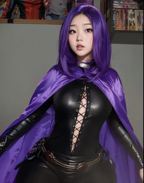 Wonyoung from IVE face, foto realista, ultra HD, 8k, Raven Teen Titans costume, big juicy lips and big 