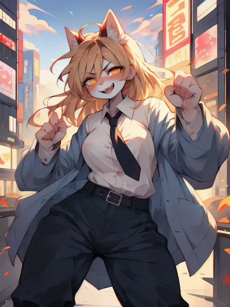 power_chainsawman, solo, by fumiko, by hyattlen, by hioshiru, pink mature female cat, long strawberry blonde hair, tan cat ears,...