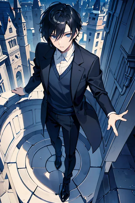 male　black hair　blue eyes　sweater　Check slacks　vest　Knee-high boots　look up　Castle　Walk through the castle town　masterpiece　Highest image quality　noise removal　clear parts 　cinematic shadow　Increased attractiveness of the eyes　clear parts the shine of the ...