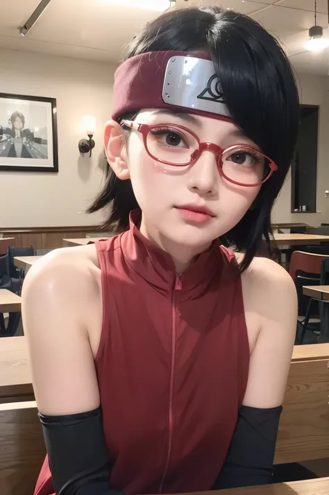 1 girl, create a character (uchiha sarada) with photo realistic, real life, features, wearing red glasses, red glasses accessories, short hair, left swept bangs, with medium length left sponge hairstyle, cute face, beautiful teenager, glowing skin , dark r...