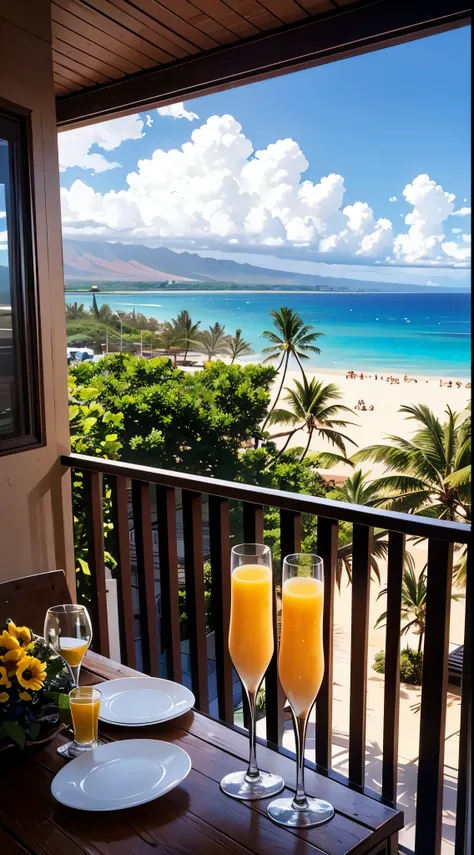 champagne mimosas and bottles on a balcony facing the beach in maui Hawaii. Straight lines, anatomically correct bodies, correct design, balcony railings structurally correct, anime, ghibli, 8k, 16k, ultra-detailed, ultra sharp, structurally correct, vivid...