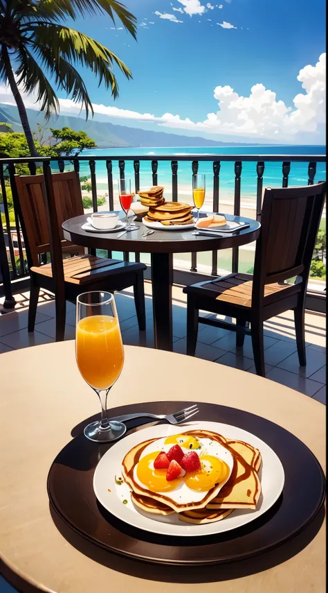 Tropical breakfast with fruit and pancakes and champagne mimosas on a balcony facing the beach in maui Hawaii. Straight lines, anatomically correct bodies, forks and spoons correct design, balcony railings structurally correct, anime, ghibli, 8k, 16k, ultr...