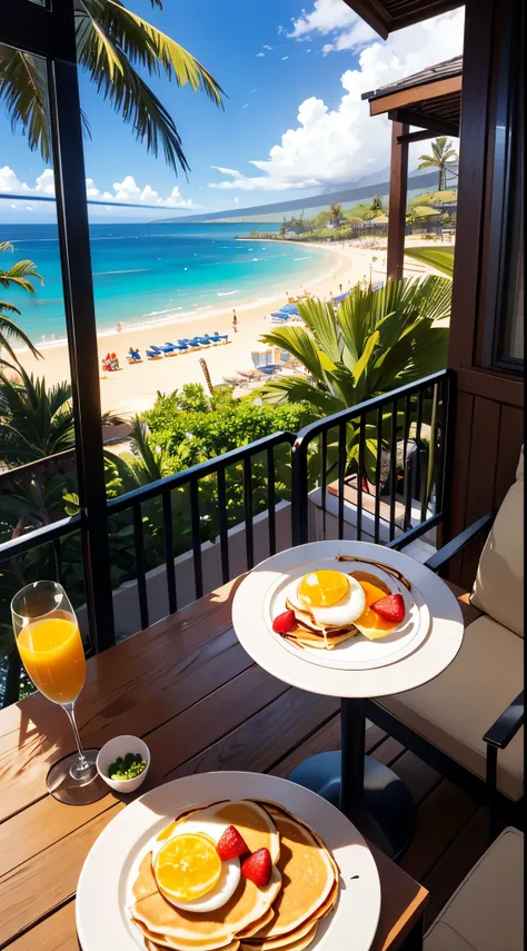 Tropical breakfast with fruit and pancakes and champagne mimosas on a balcony facing the beach in maui Hawaii. Straight lines, anatomically correct bodies, forks and spoons correct design, balcony railings structurally correct, anime, ghibli, 8k, 16k, ultr...