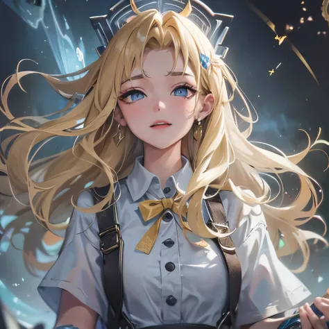 (masterpiece), 8k cg, stunningly beautiful girl, intricate details, chromatic aberration, ((bust shot)), ((looking at viewer)), 1girl, (long hair, (Blonde hair) Overalls, collared shirt, artist, paint, mage), blue Eyes,  extremely beautiful and delicate po...