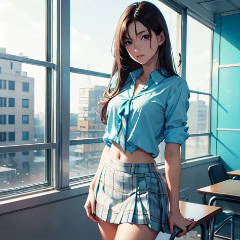 A picture of very sexy young brunette woman posing for the camera in white panties and lifted skirt, straight hair, 1girl, solo, realistic, plaid skirt, cyan colored very thin shirt, school interior background