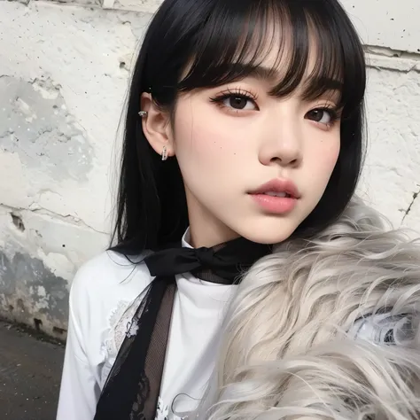 there is a young woman with a black tie and white shirt, Ulzzang, she has black hair com franja, portrait of jossi do blackpink, Sun Yunjoo, Lalisa Manobal, jossi do blackpink, com franja, cruel korean goth girl, adorable and pale korean face, com franja c...