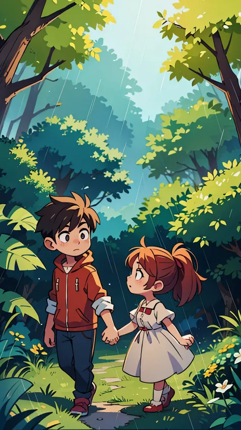 Male and female characters holding hands in a raining forest 