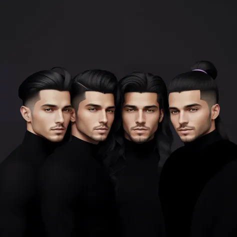 three men with long hair and ponytails pose for a photo, no art style by bowater, inspirado em Carlo Mense, cabelo preto penteado, cabelo liso, arte digital. @mariomaniacdude, cabelo preto longo detalhado, inspirado em Jorge Jacinto, arte digital!!, cabelo...