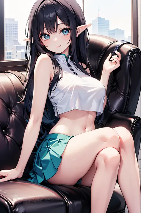 Detail image, realistic image, 1 elf. . She has turquoise eyes with and black hair, has a delicate oval face, medium breasts and a curvy body, thick thighs. She is wearing a crop top, tight pleated mini skirt, moccasins slippers. smiling, sitting. Ambient ...