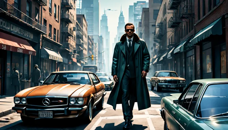 GTA style，chumbo masculino，Stylish accessories、shotgun、wind coat，sun glasses，The Car，Future city streets，retro artstyle，shadows and highlights，hight contrast，crime and danger、Tension and suspense、avant-garde and ralowing reflections、glomy、evocative composi...