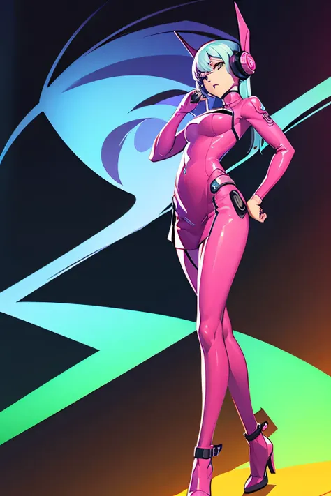 woman with long legs, chinese, futuristic clothing with headphones, broth neon pink clothing and pastel colors