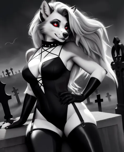 raw photo, realistic, 1girl, loona, wolf girl, furry girl, evil smile, leotard, cleavage, (((goth clothes))), small breasts, cow...