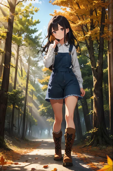 Lumberjack girl in the forest, log cabin scene, autumn foliage, rustic setting, intricate details, masterpiece, best quality, award-winning concept art, beautiful, fine detail, 1 girl, solo, full body painting, head to toe, plaid shirt, overalls, work boot...