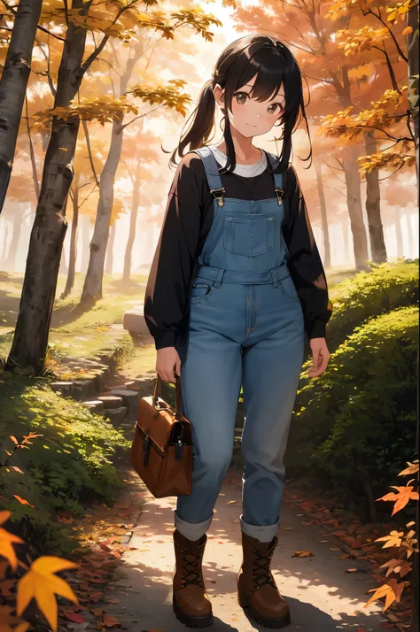 Lumberjack girl in the forest, log cabin scene, autumn foliage, rustic setting, intricate details, masterpiece, best quality, award-winning concept art, beautiful, fine detail, 1 girl, solo, full body painting, head to toe, plaid shirt, overalls, work boot...