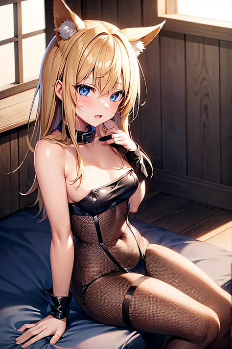 naked blonde hair young anime girl with blue eyes and fox ears wearing black collar, wet hair, nfsw, dawn lighting, playful expression, fingering crotch, sitting on bed, sunrays, fishnet stockings
