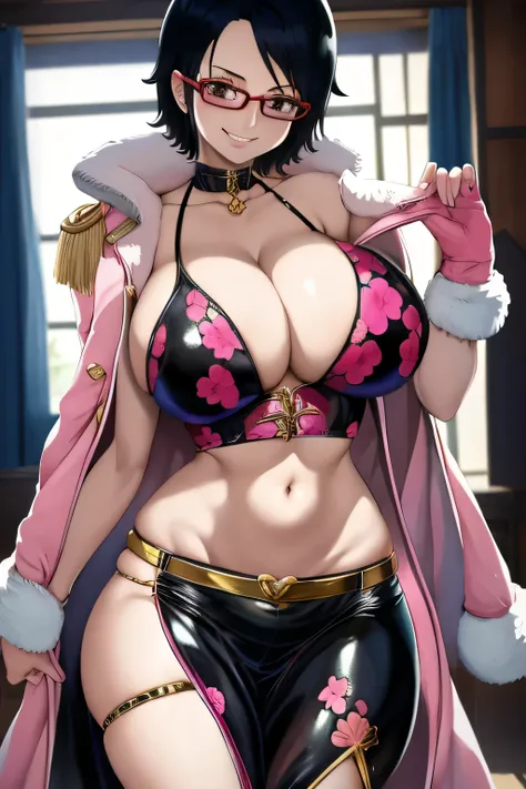 masterpiece, best quality, tashigi, black eyes, short hair, glasses, belly dancer outfit, slave mark, cowboy shot, looking at viewer, large breasts, seducing smile, pink coat