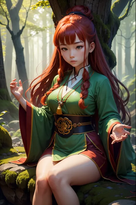 Sifu girl, clad in traditional Chinese robes, practices martial arts in a serene forest clearing. Her fiery red hair falls in waves around her narrowed, focused eyes. She wears a jade pendant around her neck, symbolizing her mastery of ancient wisdom. With...