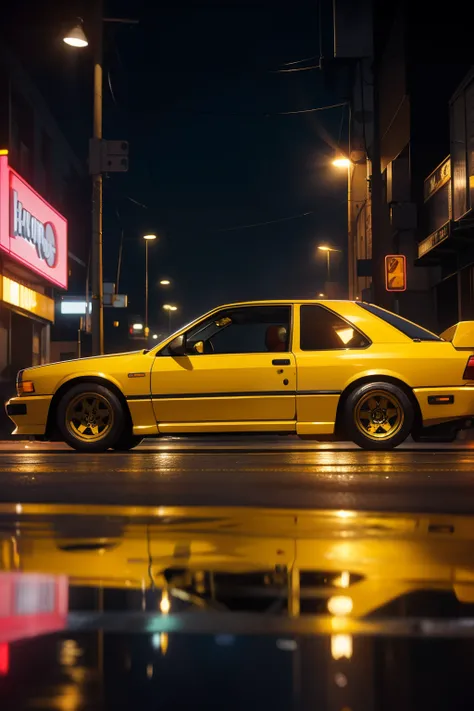 In the dimly lit street of the 90s, a vibrant yellow car, the iconic WRX Golf, is parked, exuding an aura of nostalgia and sadness with its long, luminous body. The cars amber headlights cast an orange glow on the asphalt, and its racing stripes add a touc...