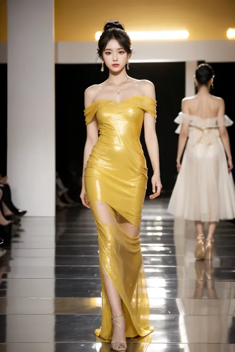 Mulher coreana extremamente bonita, rosto harmonioso, she is walking on a fashion catwalk, usando um vestido longo com renda amarelo claro estilo coreano, vestido da fashion week Paris elegante, ela tem longo cabelos lisos preto, wear elegant jewelry
