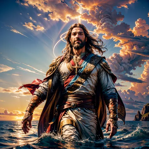 sunset spacious sunrise sunshine, a handsome god jesus christ ( jesus) blessing to the sky 35 years old with a long brown hair a...