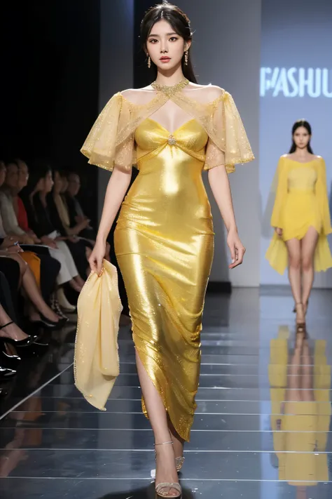 Mulher coreana extremamente bonita, rosto harmonioso, she is walking on a fashion catwalk, usando um vestido longo com renda amarelo de renda pura, vestido da fashion week Paris elegante, ela tem longo cabelos lisos preto, wear elegant jewelry
