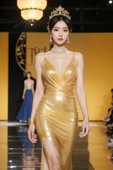 Mulher coreana extremamente bonita, rosto harmonioso, she is walking on a fashion catwalk, usando um vestido longo com renda amarelo sem brilho, vestido da fashion week Paris elegante, ela tem longo cabelos lisos preto, wear elegant jewelry
