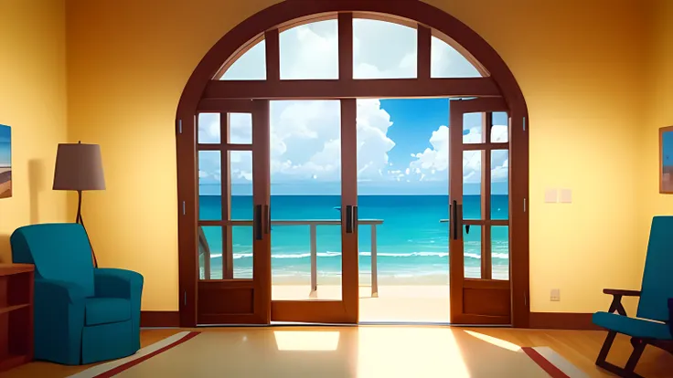 doorway to a bright, sunny beach, vibrant colors, clouds 