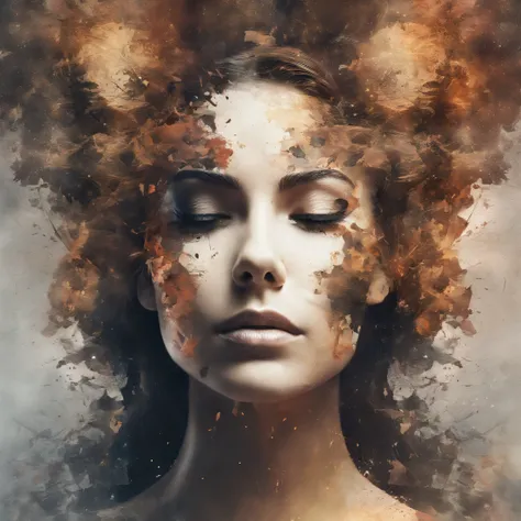 Pintura de acuarela con la cara de una mujer, vidrios rotos en la cara, expression of admiration, inspirado en Igor Morski, dramatic work of art, fragment explosion, arte de photoshop, efecto ruido