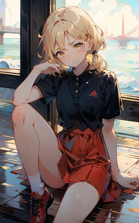 Blonde tied hair, golden eyes, freckles on face, red dress, black polo shirt, red shoes, disappointed look