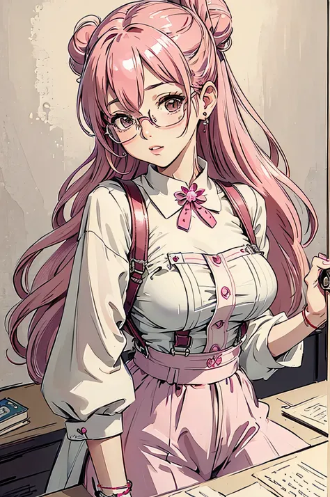 (masterpiece:1.2, best quality), (dinamic lighting) 1lady, solo, long hair, big breasts,  (shiny skin:1.2), upper body, glasses, modern, wavy pink hair, Suspenders, flower on ear, harajuku style, hair pin, hair bun. Pink hair, sexy, white outfit, white pan...