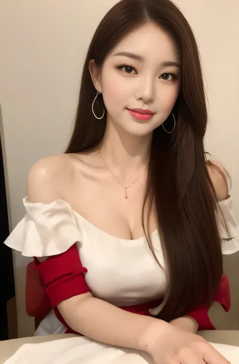 (24 year old lover), (big breasts:1.3),   (Have a sumptuous dinner in front of you、wine glass in front)、(classy and cute girl:1.3), (Wearing an off-shoulder white silk blouse:1.2), (orange flare skirt:1.2), (slender body shape:1.1), beautiful clavicle,(mas...