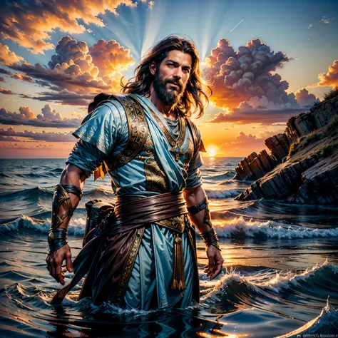 sunset spacious sunrise sunshine, a handsome god jesus christ ( jesus) blessing to the sky 35 years old with a long brown hair a...