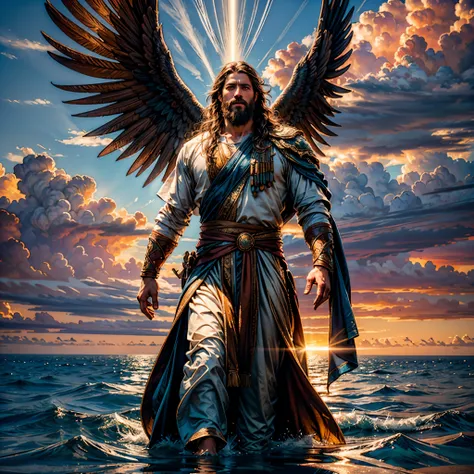 sunset spacious sunrise sunshine, a handsome god jesus christ ( jesus) blessing to the sky 35 years old with a long brown hair a...