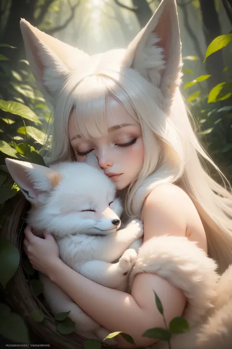 (best quality, masterpiece:1.2), ultra-detailed,
BREAK, (1 fox), (single subject),
Portrait of a sleeping white fox cub in a fantasy forest. The enchanting scene captures the tranquility of the slumbering creature, its pristine white fur contrasting with v...