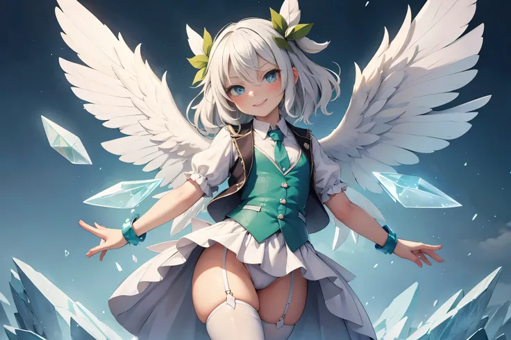 , leprechaun, white hair: long, blue eyes, small breasts, vest, garter, hair accessories, seductive smile, gaze, head tilt, behind arms, (slim), (thin legs: open legs), high detail, best quality, masterpiece, detailed ice, cumulonimbus clouds, beautiful de...