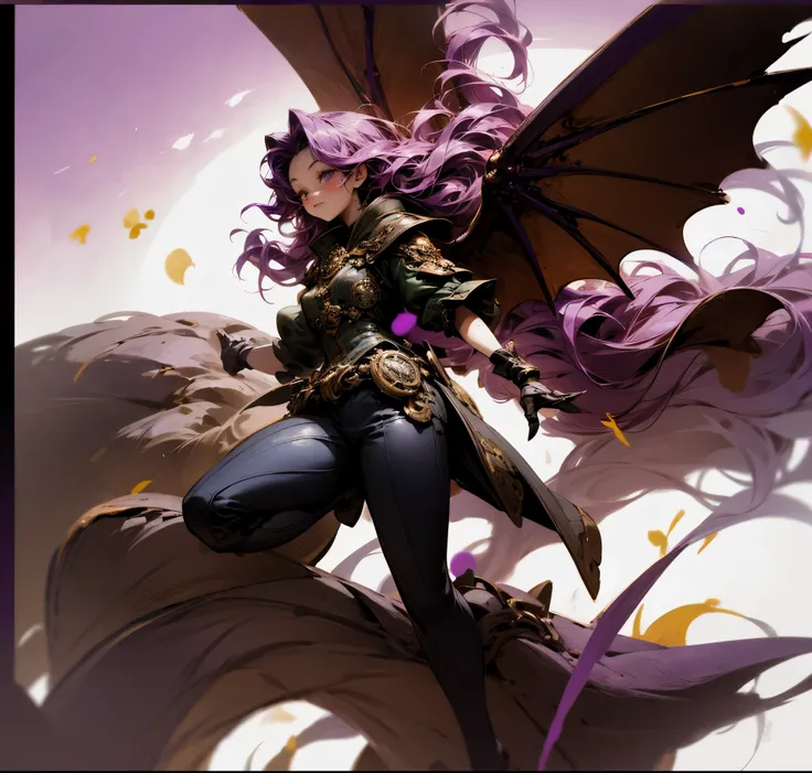 master piece, 1 girl, solo, dragon wings, full body, full art, wavy hair, steampunk goggles, anime, cute fairy, lovely digital painting, Amazing wallpapers, purple, lighting, steampunk theme, dragon theme, draconic, purple color, 4k, highly detailed, anime...