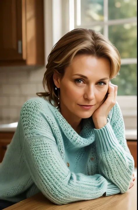 Portrait of a middle aged German woman, fifty years old, cute face, slim and thin body, Torptits, (large saggy tits:1.1), Huge Nipples, wearing a (Sexxy Sweater:1.2), leaning over the kitchen counter, bokeh background, simple background, (highly detailed s...