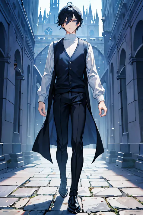 male　black hair　blue eyes　sweater　Check slacks　vest　Knee-high boots　despise　Castle　Walk through the castle town　masterpiece　Highest image quality　noise removal　clear parts 　cinematic shadow　Increased attractiveness of the eyes　clear parts the shine of the ...