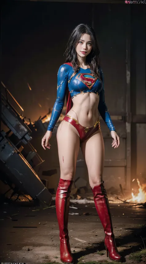 no background、short hair、supergirl costume、Ahegao、Snug costume、(((stretch your legs、tall、Legally express the beauty of your smile)))、((((Get the most out of your original images)))、(((supergirl costume、torn、Tattered、being destroyed)))、(((beautiful hair)))、...