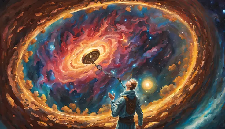 painting of a man floating in cosmic space,with keys in a hand that open the portal of the universe,light shining from behind,pa...