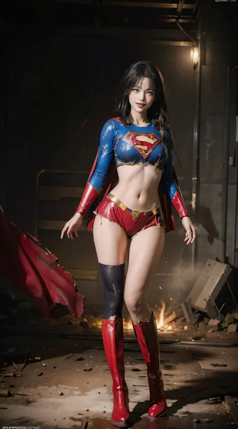 no background、short hair、supergirl costume、Ahegao、Snug costume、(((stretch your legs、tall、Legally express the beauty of your smile)))、((((Get the most out of your original images)))、(((supergirl costume、torn、Tattered、being destroyed)))、(((beautiful hair)))、...