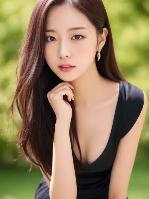 Close up portrait of woman walking in park in black dress、japanese model、Young sensual gravure idol、Young and cute gravure idol、リアルyoung gravure idol、Real Sensual Gravure Idol、young gravure idol、sophisticated gravure idol、Young skinny gravure idol、most bea...