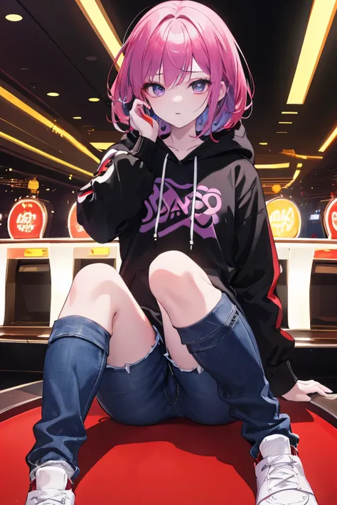 ((best quality)), ((masterpiece)), (detailed), hot girl, shoert hair color red and purple, white skin, she play at casino, jordan 4 shoes, black bagghy jeans, short hoody, rave party in background, 4k, HD
