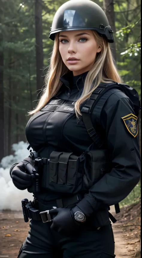 Foto hiperrealista en primer plano de Emily Sears, masterpiece, best quality, (photorealistic:1.4), beautiful woman, skinny, long blond hair, detailed face, facing the camera, photo taken from a distance, age of 20 years old, Special forces uniforms、Black ...