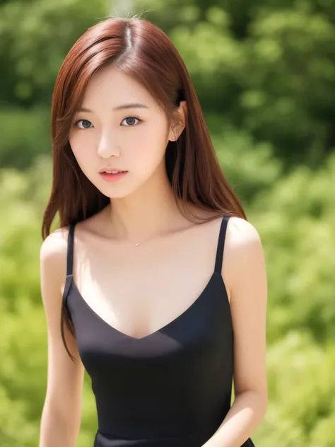 close up portrait of woman walking in park in black dress、japanese model、young sensual gravure idol、young and cute gravure idol、...