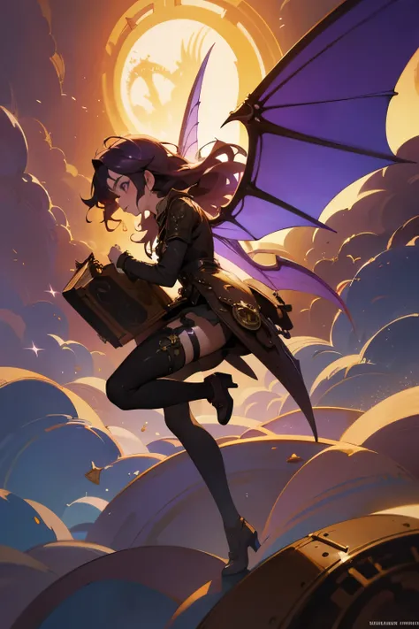 master piece, 1 girl, solo, dragon wings, full body, full art, wavy hair, steampunk goggles, anime, cute fairy, lovely digital painting, Amazing wallpapers, purple, lighting, steampunk theme, dragon theme, draconic, purple color, 4k, highly detailed, anime...