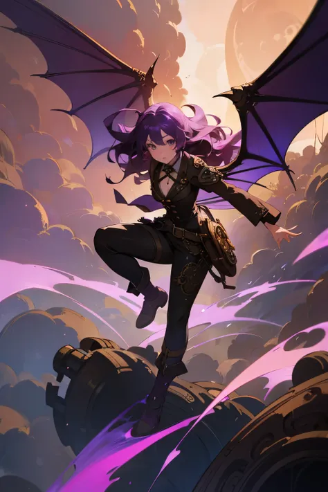 master piece, 1 girl, solo, dragon wings, full body, full art, wavy hair, steampunk goggles, anime, cute fairy, lovely digital painting, Amazing wallpapers, purple, lighting, steampunk theme, dragon theme, draconic, purple color, 4k, highly detailed, anime...