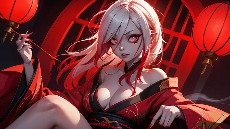 Briar with a red traditional japanese kimono on, red oni horns, red make up with white hair with red tips, very japanese aesthetic, spider lily in her hair, smoke behind her, villain vibes, Demonic, overwhelming presence, japanese shrine, blood red moon in...