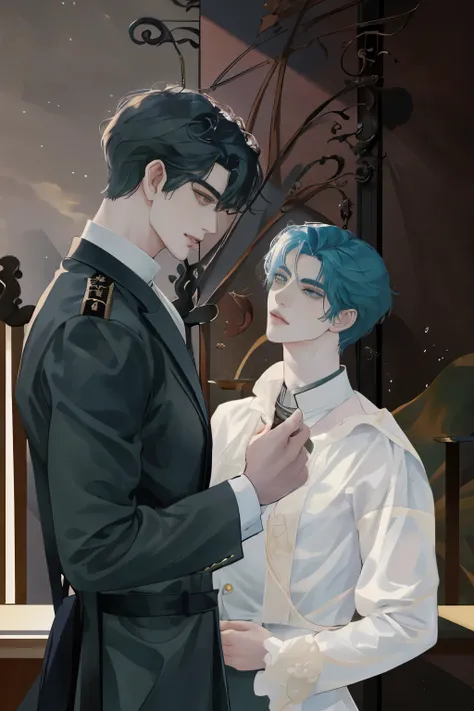 There was a man and a woman standing next to each other., Two handsome anime boys, Edmund Blair and Charlie Bowater, By Yang J, In the art form of the pond, Male Art, high quality fanart, official fan art, Very detailed fan art, Inspiration from Zhang Han,...